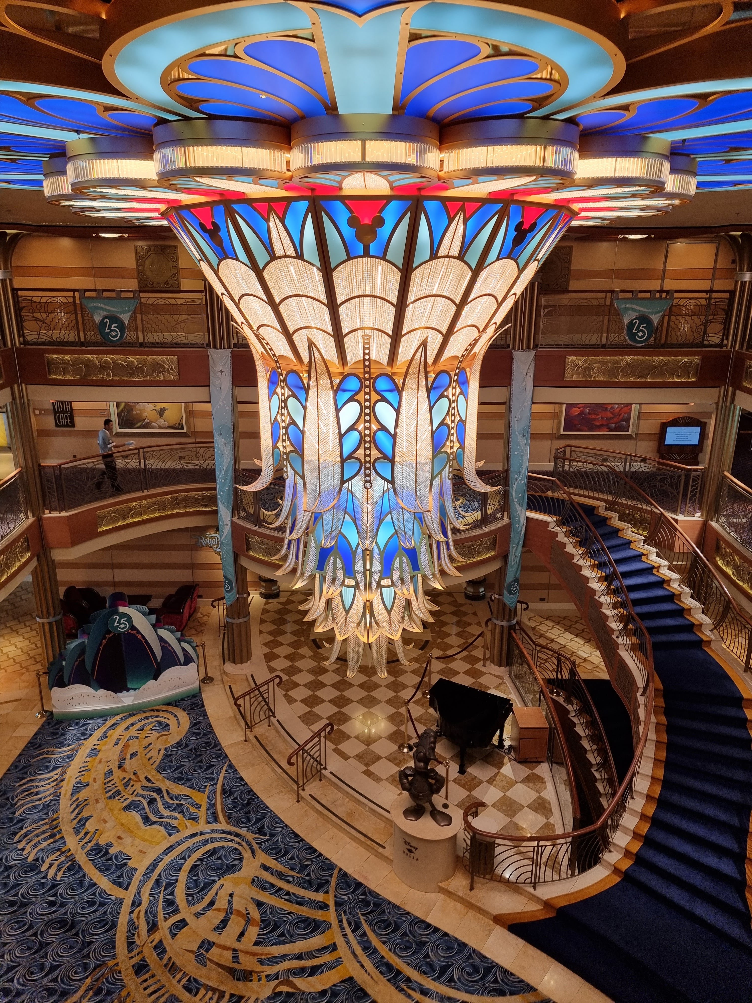 Disney Dream atrium with 25th anniversary decor, taken from deck 5.