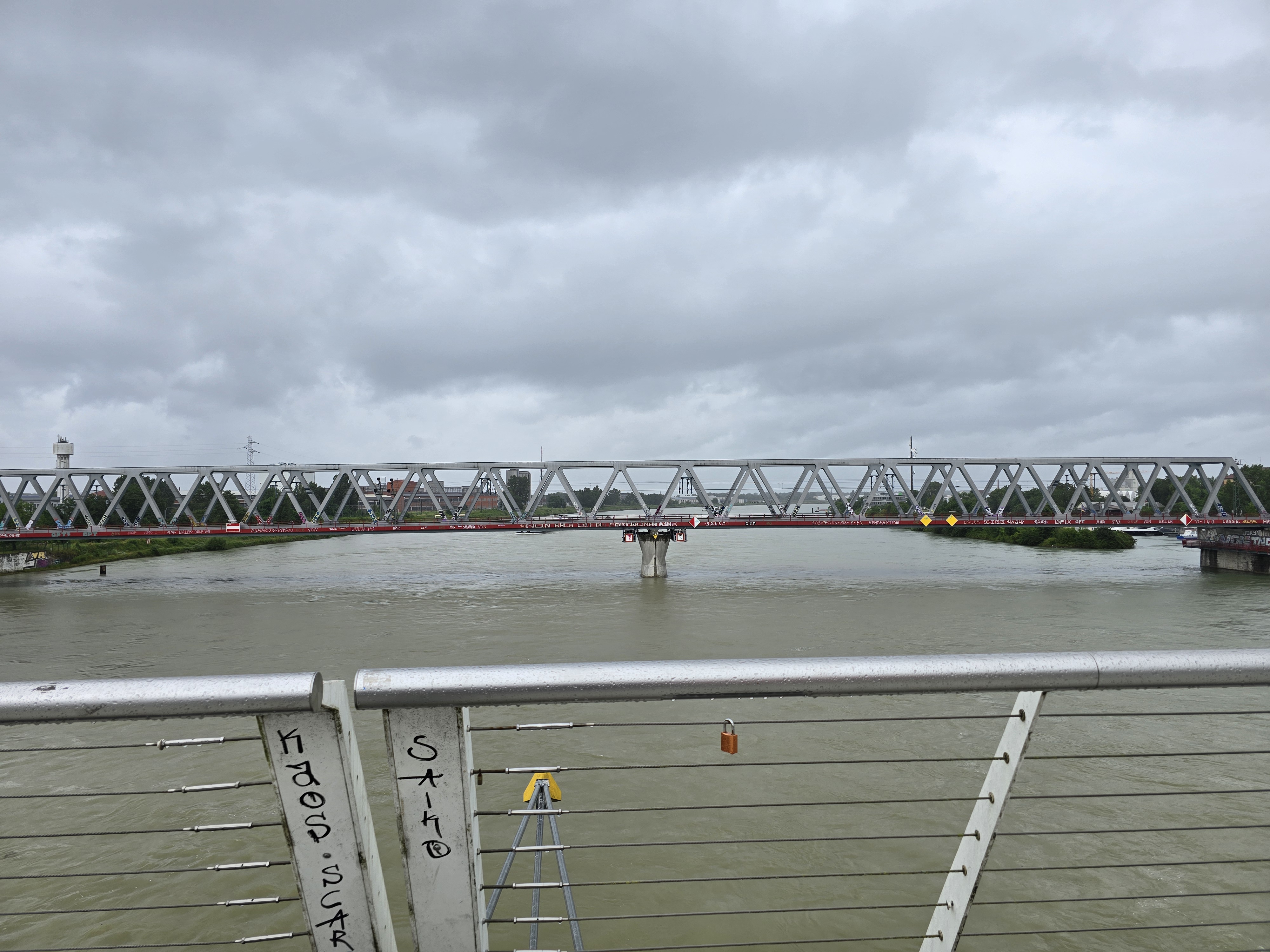 Crossing the Rhine from Germany to France, in the pouring rain.