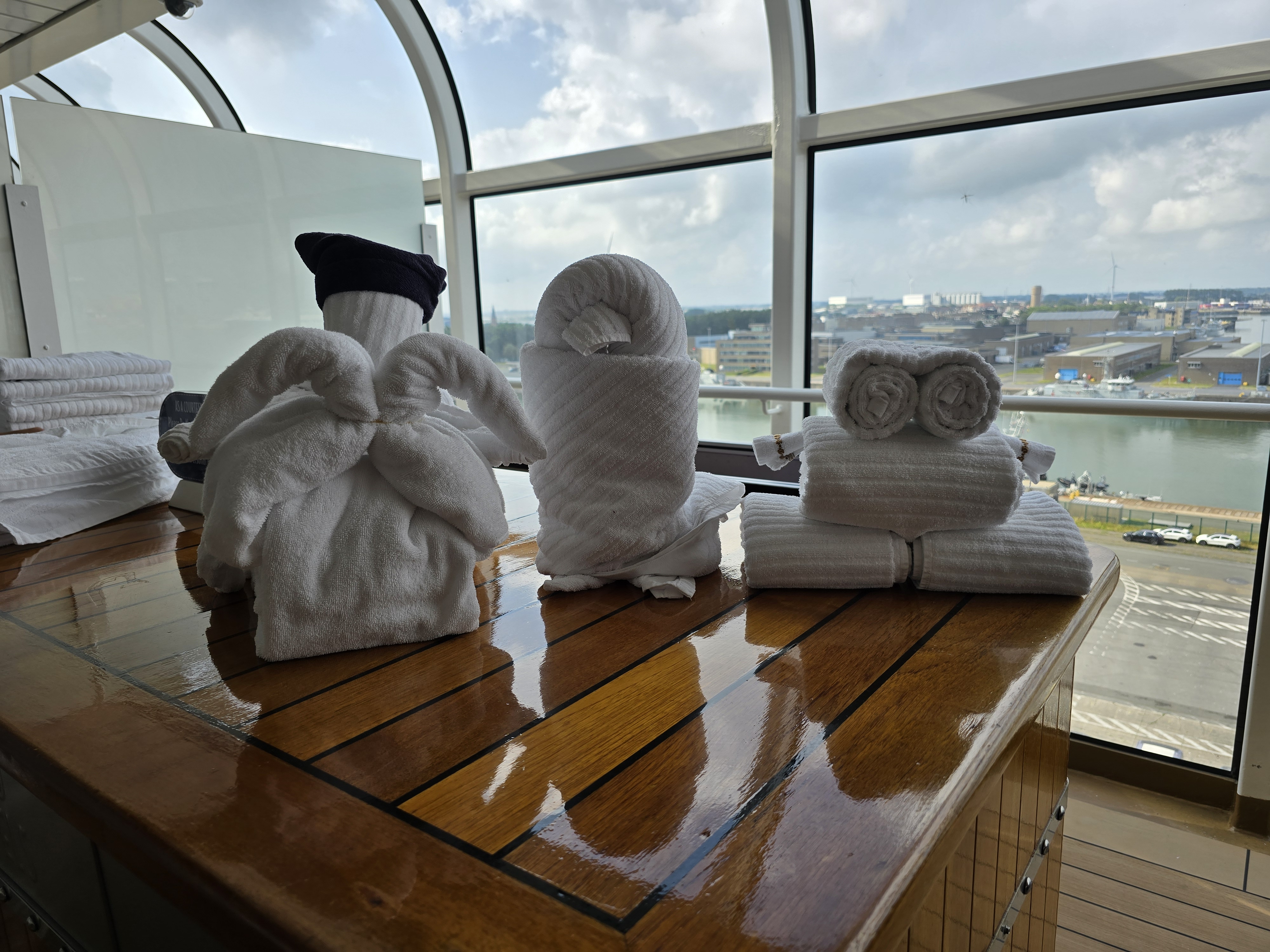 Towel animals on the pool deck on the Disney Dream