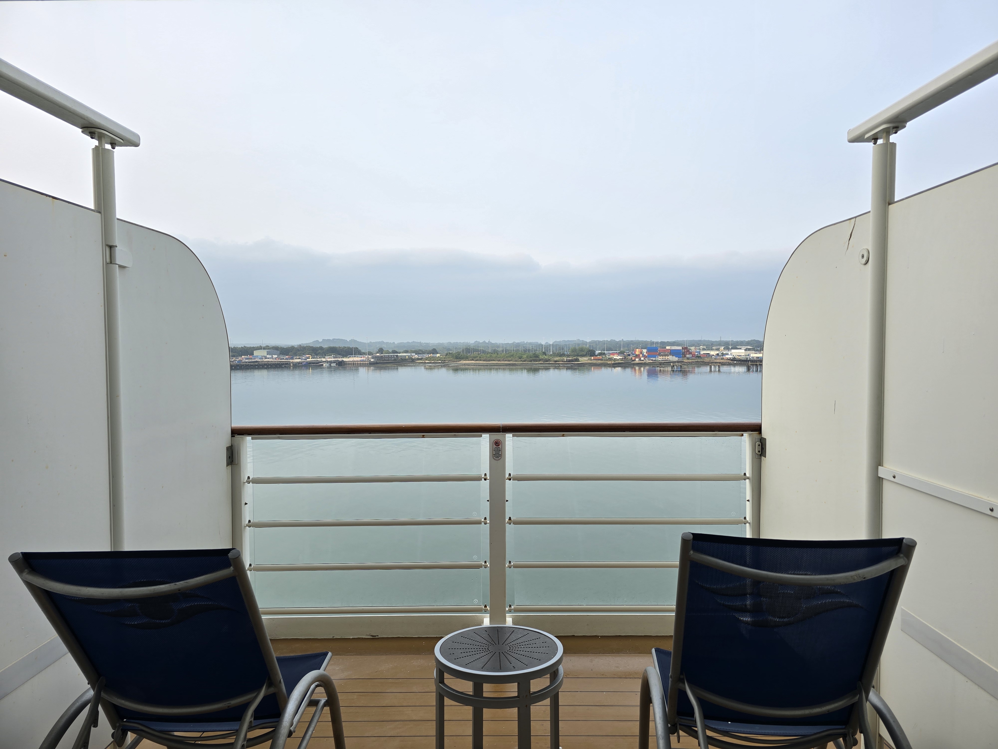 View from our extended (category 4E) verandah on the Disney Dream while docked at Southampton