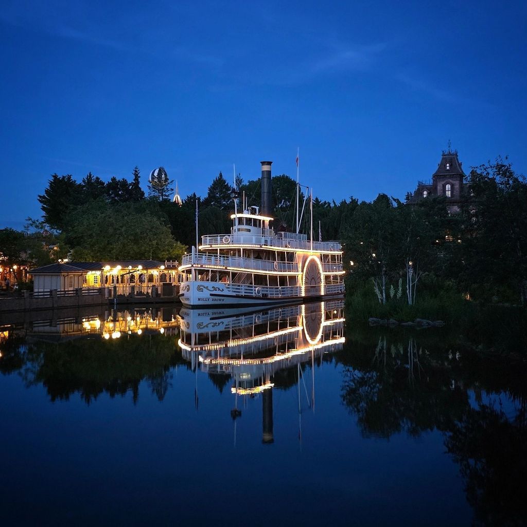 Frontierland at Disneyland Paris at night, showing the Riverboat and Phantom Manor. The PanoraMagique hot air balloon is in the background.
